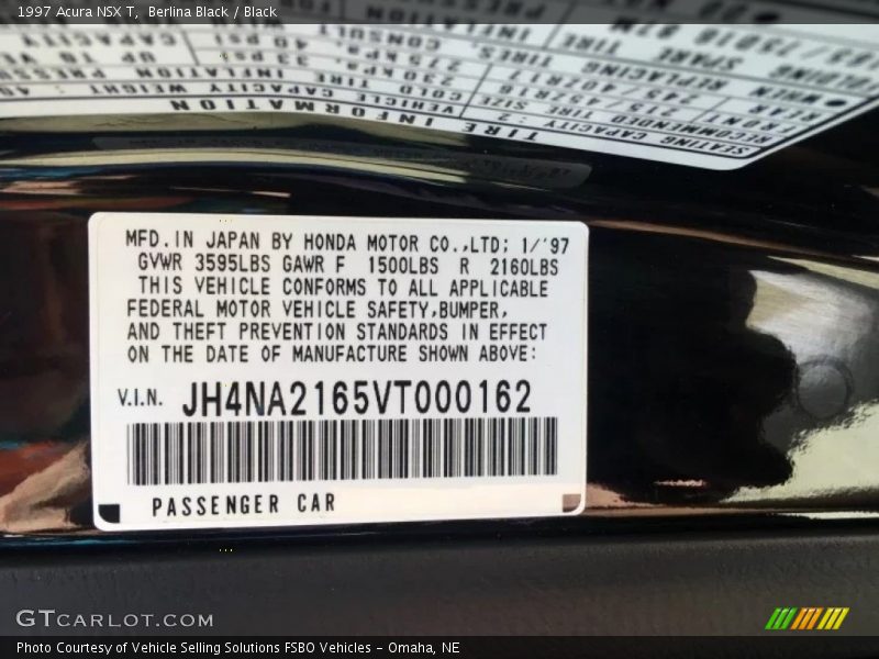 Info Tag of 1997 NSX T