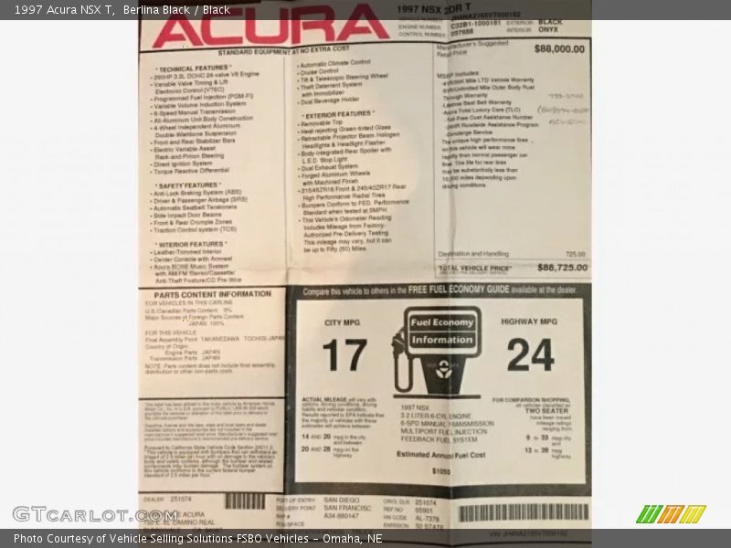  1997 NSX T Window Sticker
