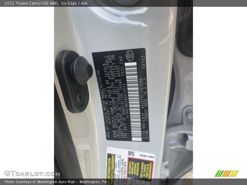 2022 Camry XSE AWD Ice Edge Color Code 1K6