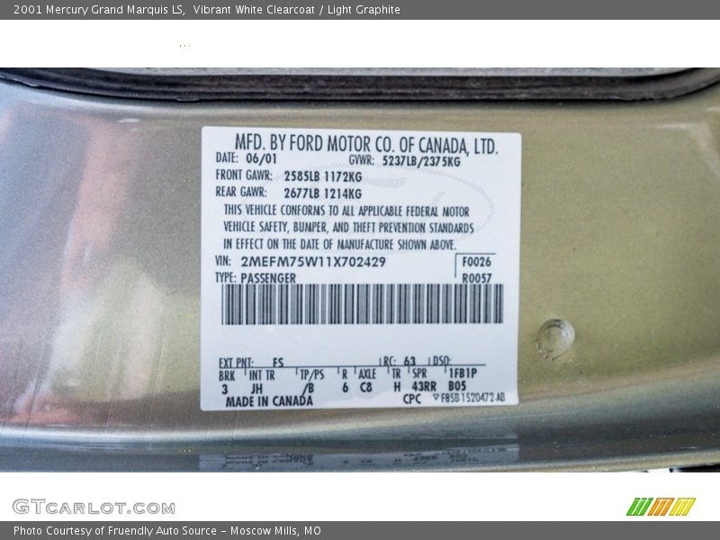 Vibrant White Clearcoat / Light Graphite 2001 Mercury Grand Marquis LS
