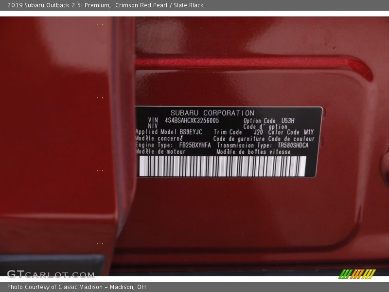 Crimson Red Pearl / Slate Black 2019 Subaru Outback 2.5i Premium