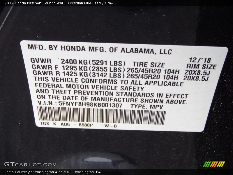 Obsidian Blue Pearl / Gray 2019 Honda Passport Touring AWD