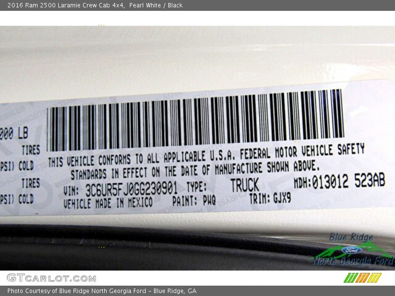 2016 2500 Laramie Crew Cab 4x4 Pearl White Color Code PWQ