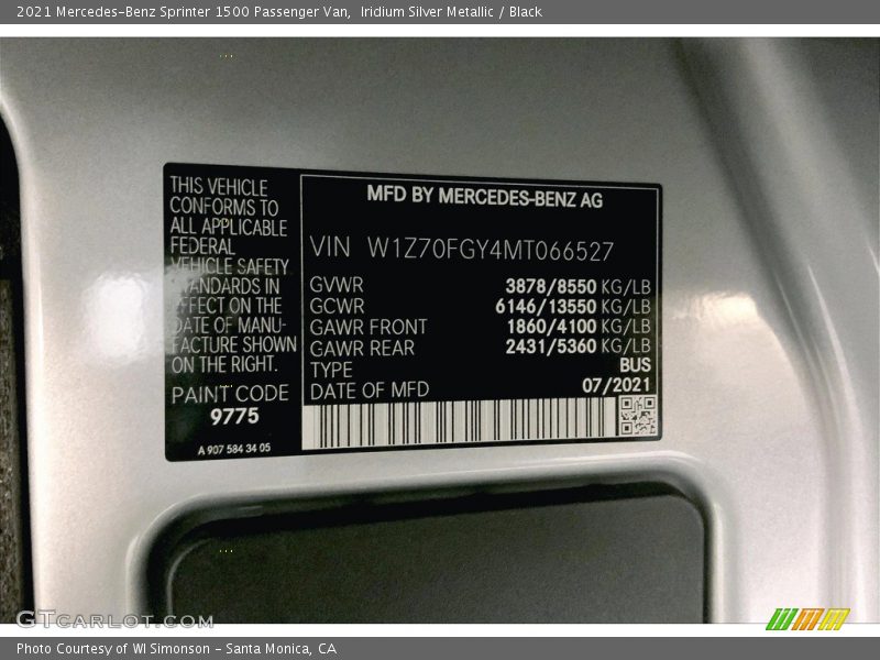 2021 Sprinter 1500 Passenger Van Iridium Silver Metallic Color Code 775