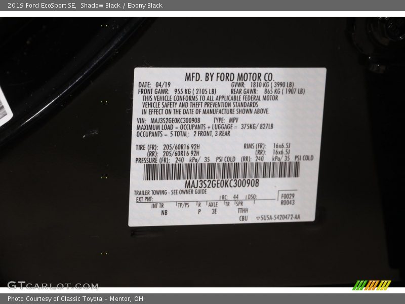 Shadow Black / Ebony Black 2019 Ford EcoSport SE