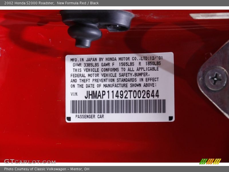 New Formula Red / Black 2002 Honda S2000 Roadster