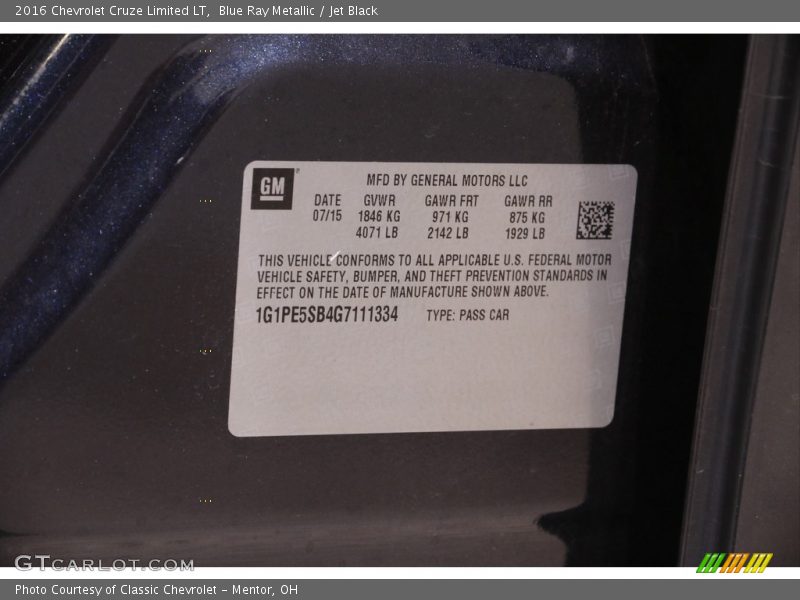 Blue Ray Metallic / Jet Black 2016 Chevrolet Cruze Limited LT