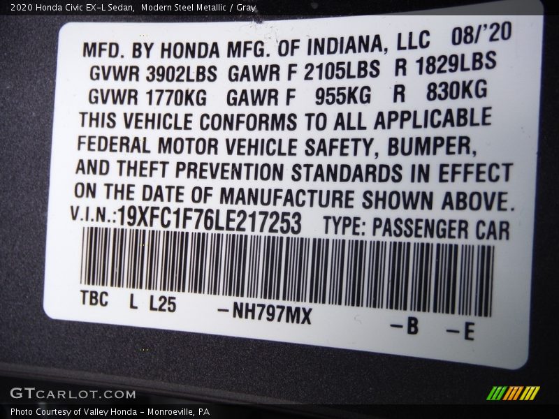 Modern Steel Metallic / Gray 2020 Honda Civic EX-L Sedan