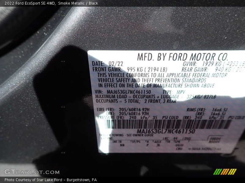 Smoke Metallic / Black 2022 Ford EcoSport SE 4WD