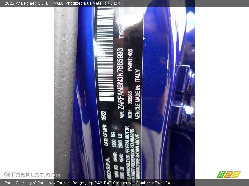 2022 Giulia Ti AWD Anodized Blue Metallic Color Code 486