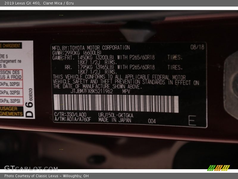 2019 GX 460 Claret Mica Color Code 3S0