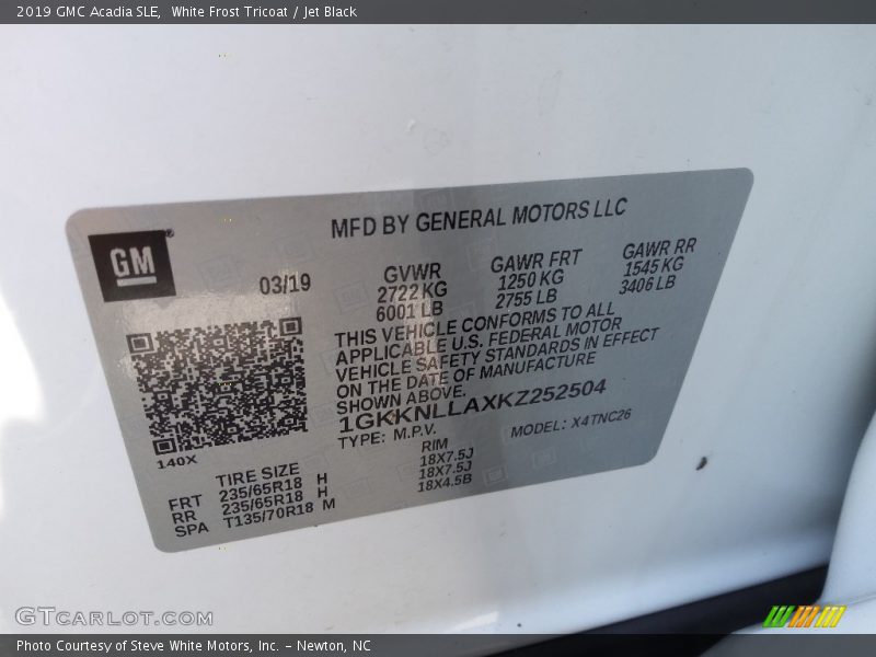 White Frost Tricoat / Jet Black 2019 GMC Acadia SLE