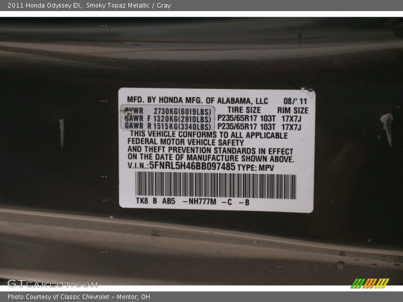 Smoky Topaz Metallic / Gray 2011 Honda Odyssey EX