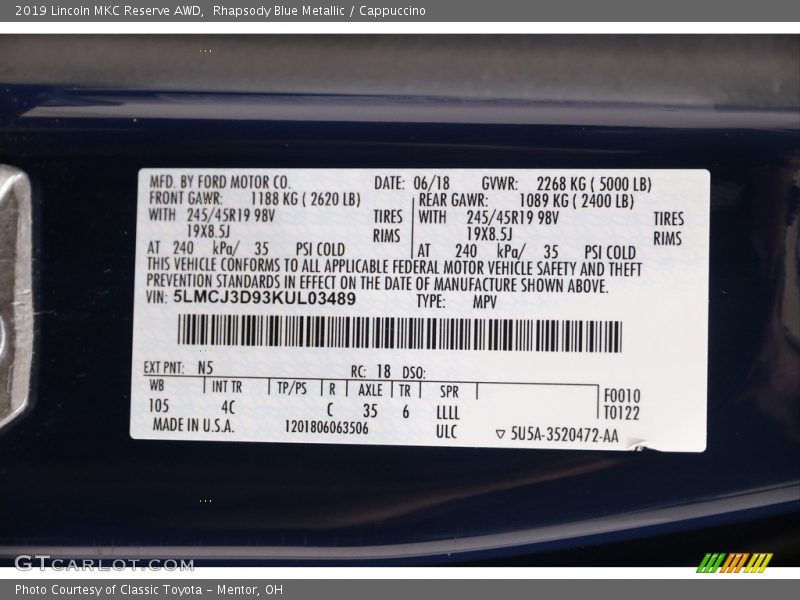 2019 MKC Reserve AWD Rhapsody Blue Metallic Color Code N5