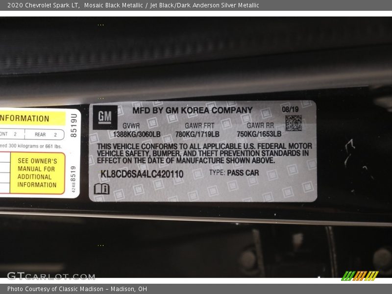 Mosaic Black Metallic / Jet Black/Dark Anderson Silver Metallic 2020 Chevrolet Spark LT