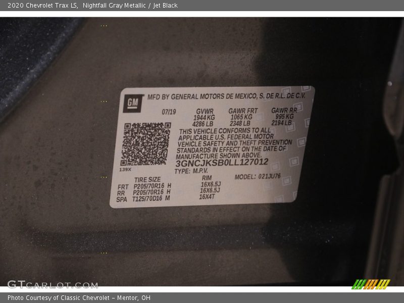 Nightfall Gray Metallic / Jet Black 2020 Chevrolet Trax LS