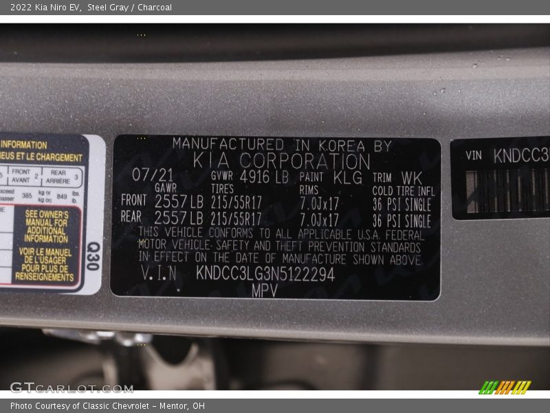2022 Niro EV Steel Gray Color Code KLG
