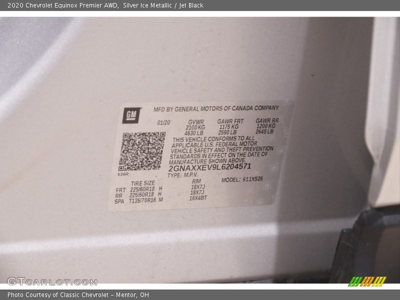 Silver Ice Metallic / Jet Black 2020 Chevrolet Equinox Premier AWD