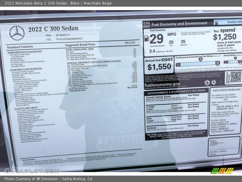  2022 C 300 Sedan Window Sticker