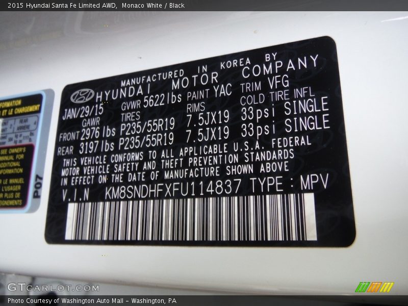 2015 Santa Fe Limited AWD Monaco White Color Code YAC