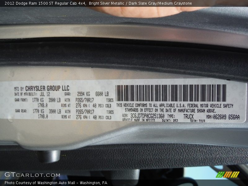 2012 Ram 1500 ST Regular Cab 4x4 Bright Silver Metallic Color Code PS2