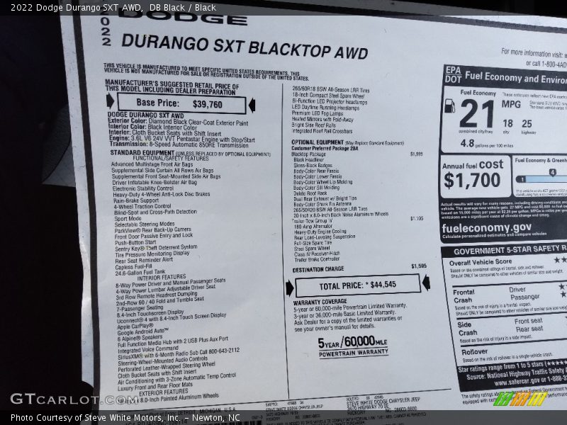 DB Black / Black 2022 Dodge Durango SXT AWD