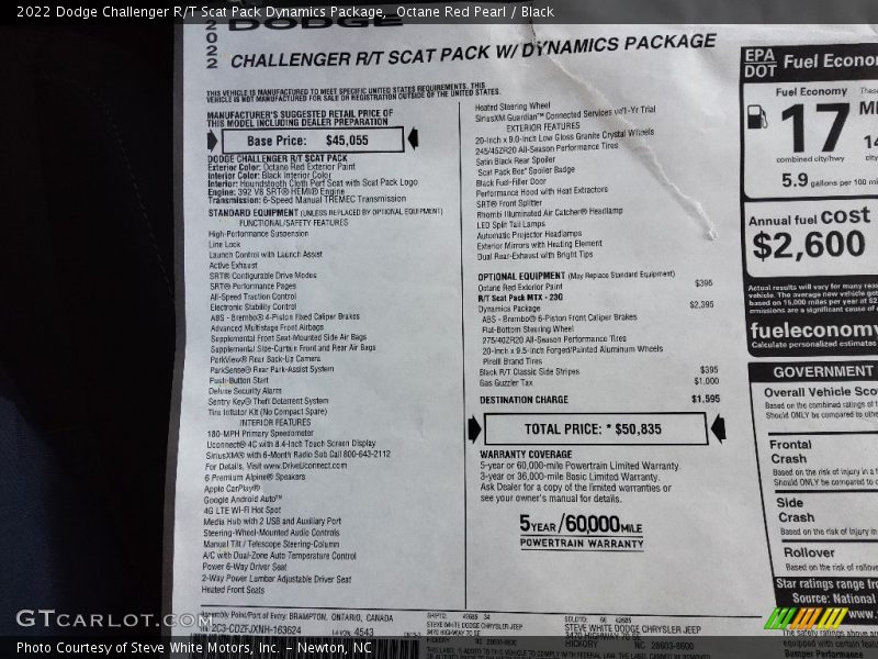  2022 Challenger R/T Scat Pack Dynamics Package Window Sticker
