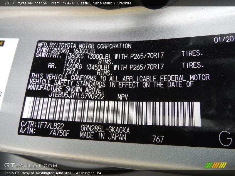 2020 4Runner SR5 Premium 4x4 Classic Silver Metallic Color Code 1F7