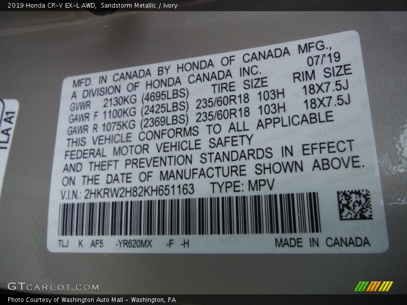 Sandstorm Metallic / Ivory 2019 Honda CR-V EX-L AWD
