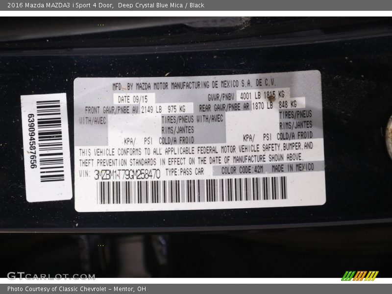 Deep Crystal Blue Mica / Black 2016 Mazda MAZDA3 i Sport 4 Door