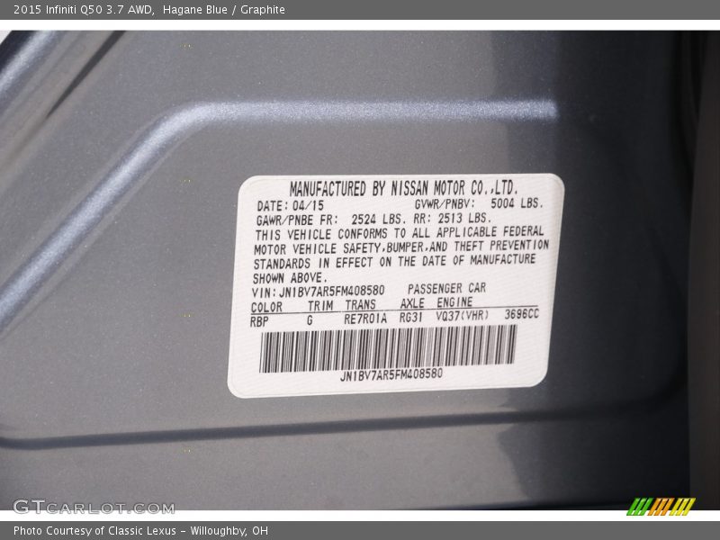 2015 Q50 3.7 AWD Hagane Blue Color Code RBP