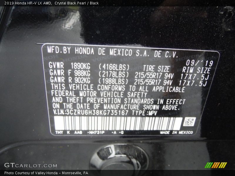 Crystal Black Pearl / Black 2019 Honda HR-V LX AWD