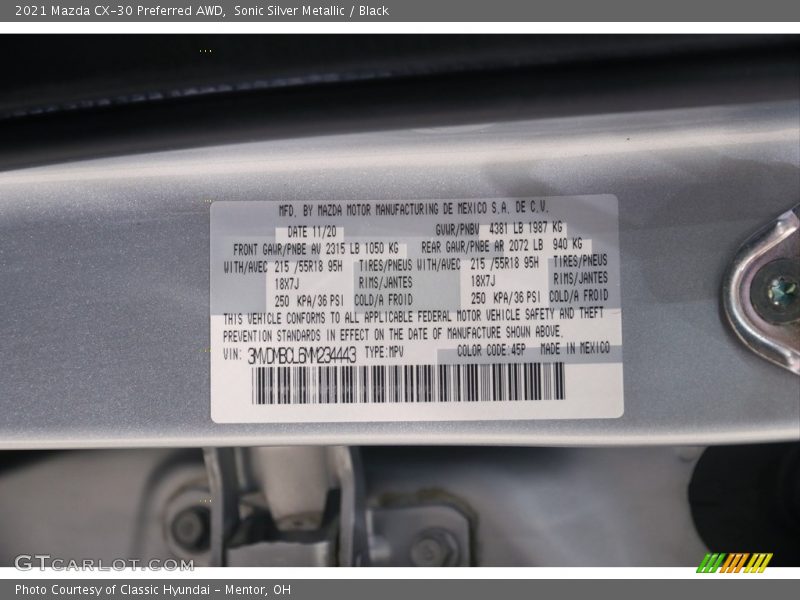 Sonic Silver Metallic / Black 2021 Mazda CX-30 Preferred AWD