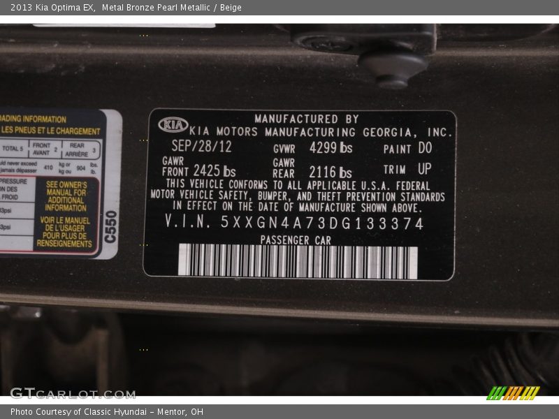 Metal Bronze Pearl Metallic / Beige 2013 Kia Optima EX