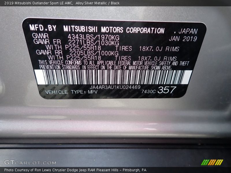 Alloy Silver Metallic / Black 2019 Mitsubishi Outlander Sport LE AWC
