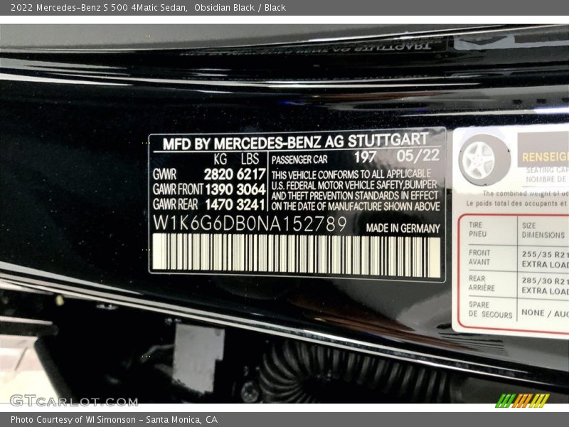 Obsidian Black / Black 2022 Mercedes-Benz S 500 4Matic Sedan