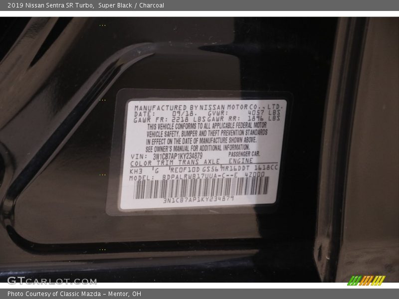 2019 Sentra SR Turbo Super Black Color Code KH3