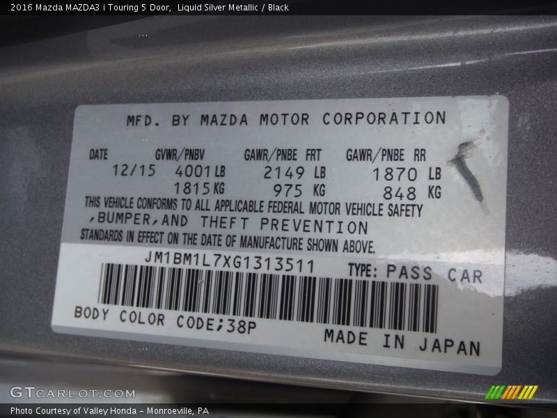 2016 MAZDA3 i Touring 5 Door Liquid Silver Metallic Color Code 38P