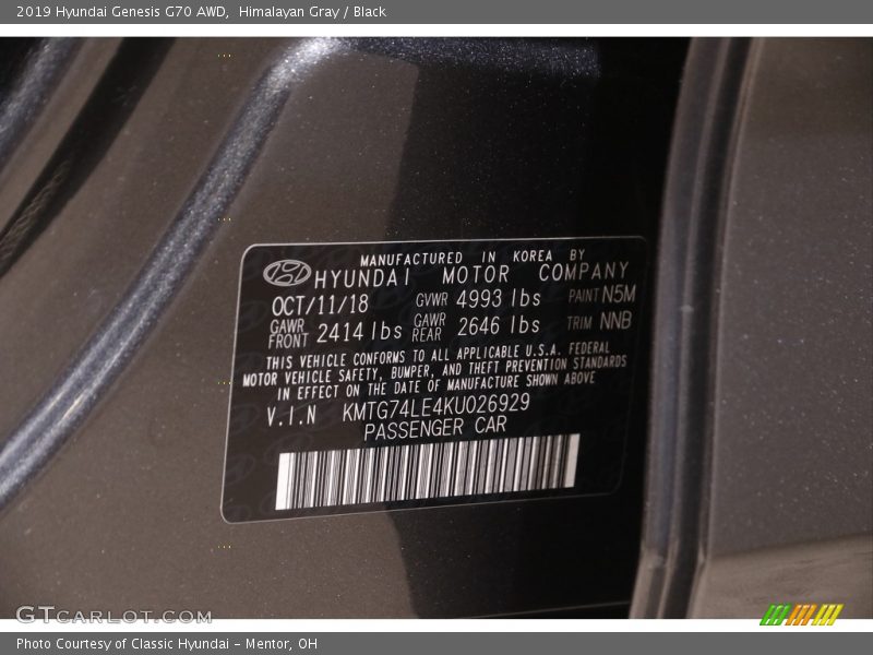 Himalayan Gray / Black 2019 Hyundai Genesis G70 AWD