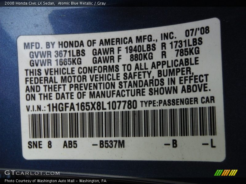 Atomic Blue Metallic / Gray 2008 Honda Civic LX Sedan