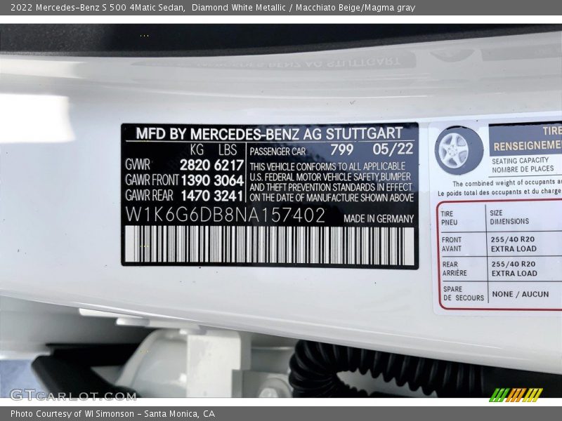 2022 S 500 4Matic Sedan Diamond White Metallic Color Code 799