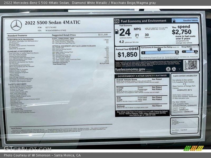  2022 S 500 4Matic Sedan Window Sticker