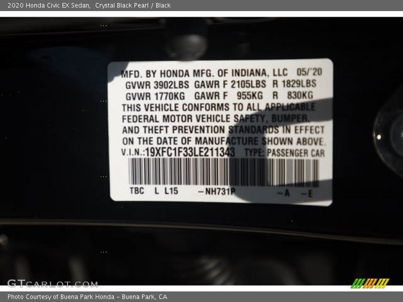 Crystal Black Pearl / Black 2020 Honda Civic EX Sedan