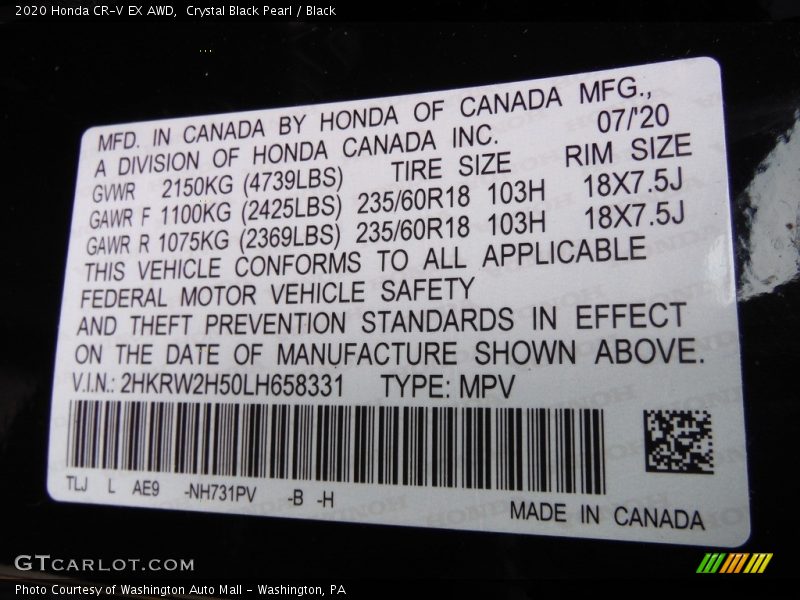 Crystal Black Pearl / Black 2020 Honda CR-V EX AWD