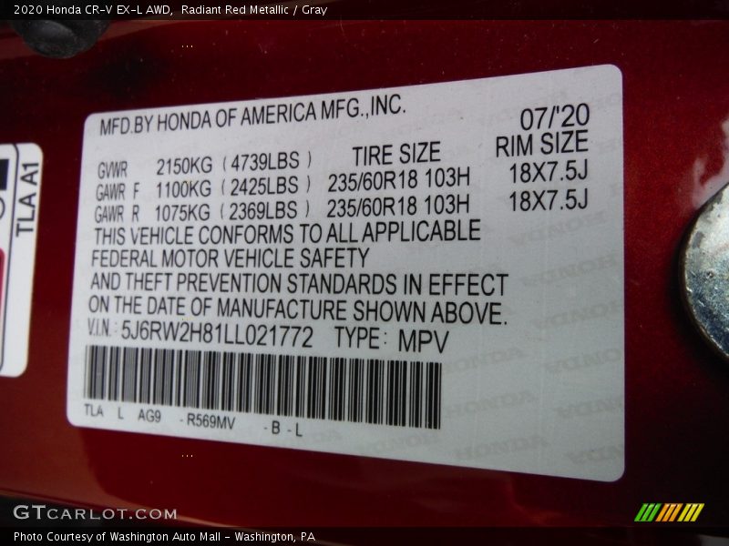 Radiant Red Metallic / Gray 2020 Honda CR-V EX-L AWD