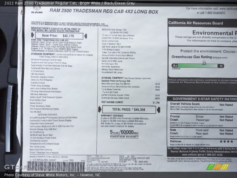  2022 2500 Tradesman Regular Cab Window Sticker