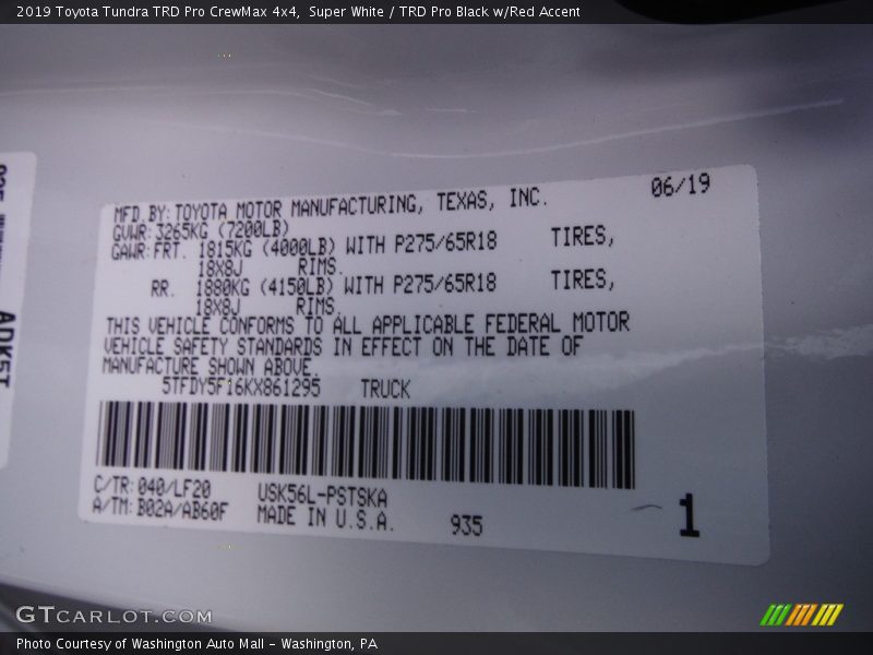 2019 Tundra TRD Pro CrewMax 4x4 Super White Color Code 040