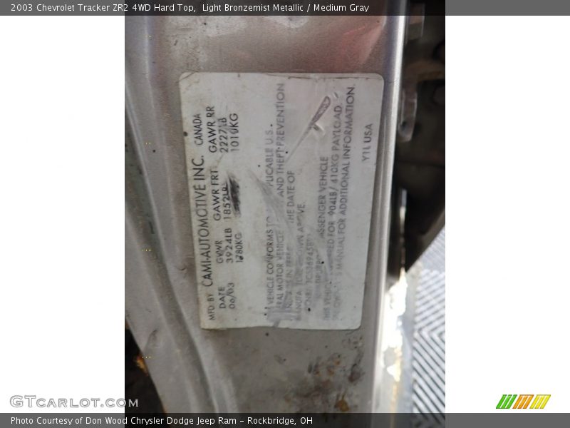 Light Bronzemist Metallic / Medium Gray 2003 Chevrolet Tracker ZR2 4WD Hard Top