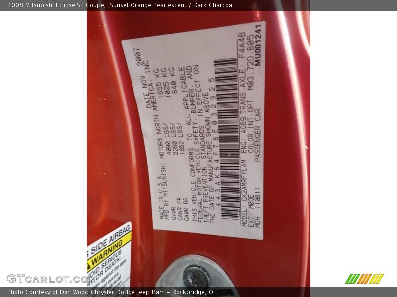 2008 Eclipse SE Coupe Sunset Orange Pearlescent Color Code M03