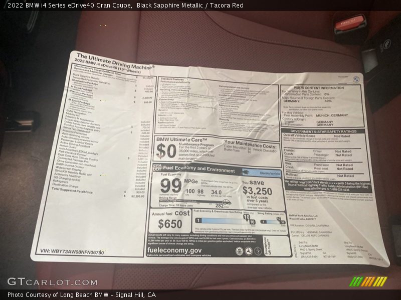  2022 i4 Series eDrive40 Gran Coupe Window Sticker